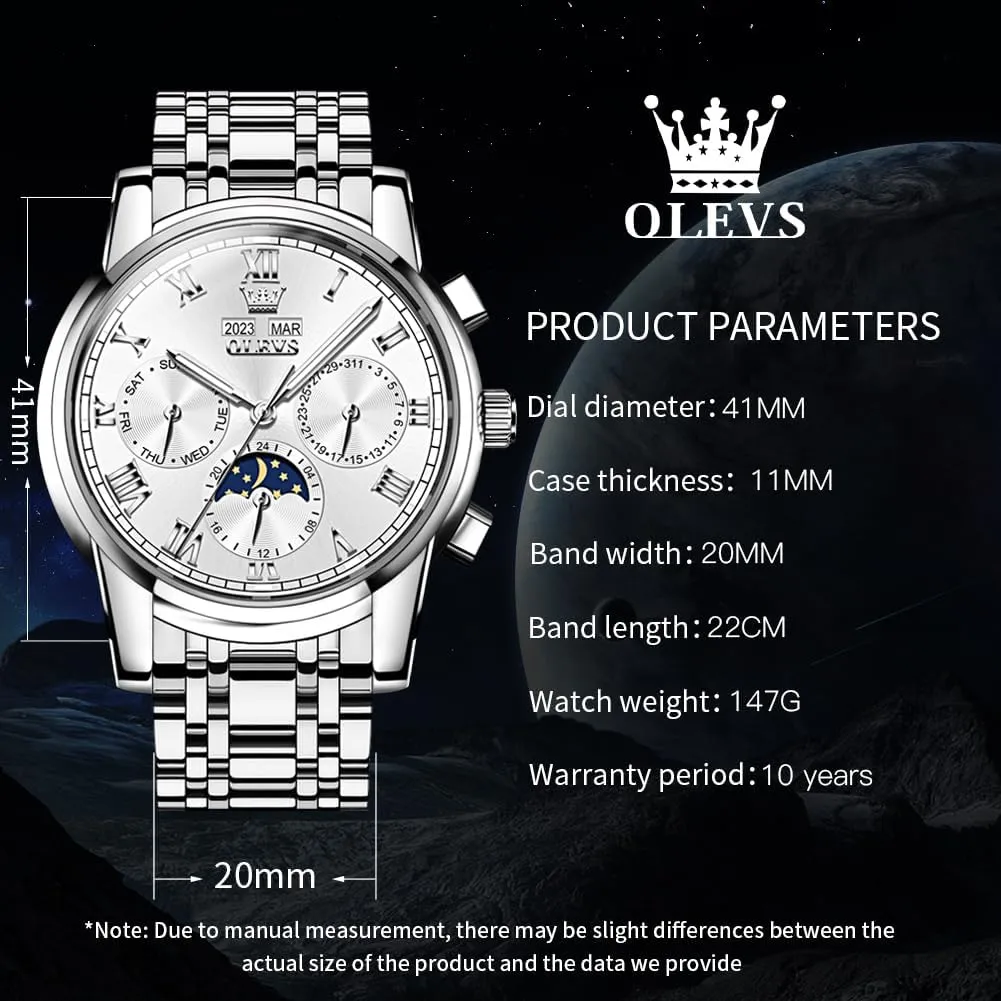 Watches for Men Waterproof Luminous OLEVS Mens Automatic slight beneficiary Watch Mechanical Self Winding Luxury Business Dress Moon Phase Stainless Steel Calendar Wrist 
