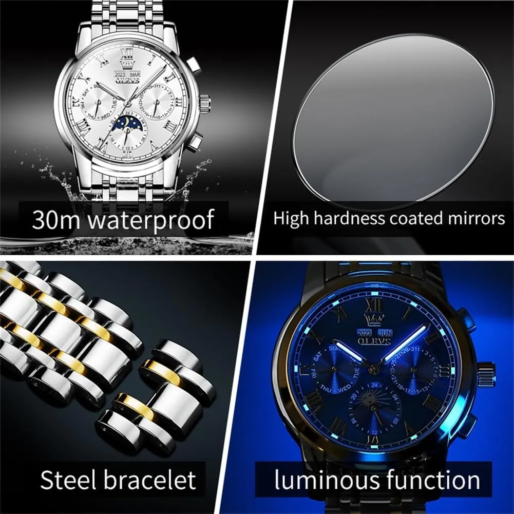 Watches for Men Waterproof Luminous OLEVS Mens Automatic slight beneficiary Watch Mechanical Self Winding Luxury Business Dress Moon Phase Stainless Steel Calendar Wrist 