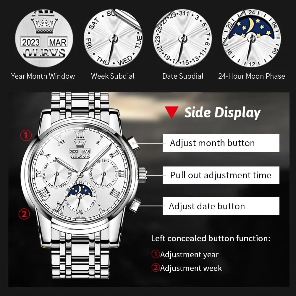 Watches for Men Waterproof Luminous OLEVS Mens Automatic slight beneficiary Watch Mechanical Self Winding Luxury Business Dress Moon Phase Stainless Steel Calendar Wrist 