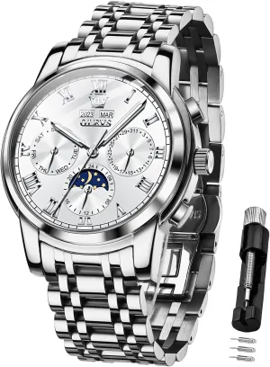 Watches for Men Waterproof Luminous OLEVS Mens Automatic slight beneficiary Watch Mechanical Self Winding Luxury Business Dress Moon Phase Stainless Steel Calendar Wrist 