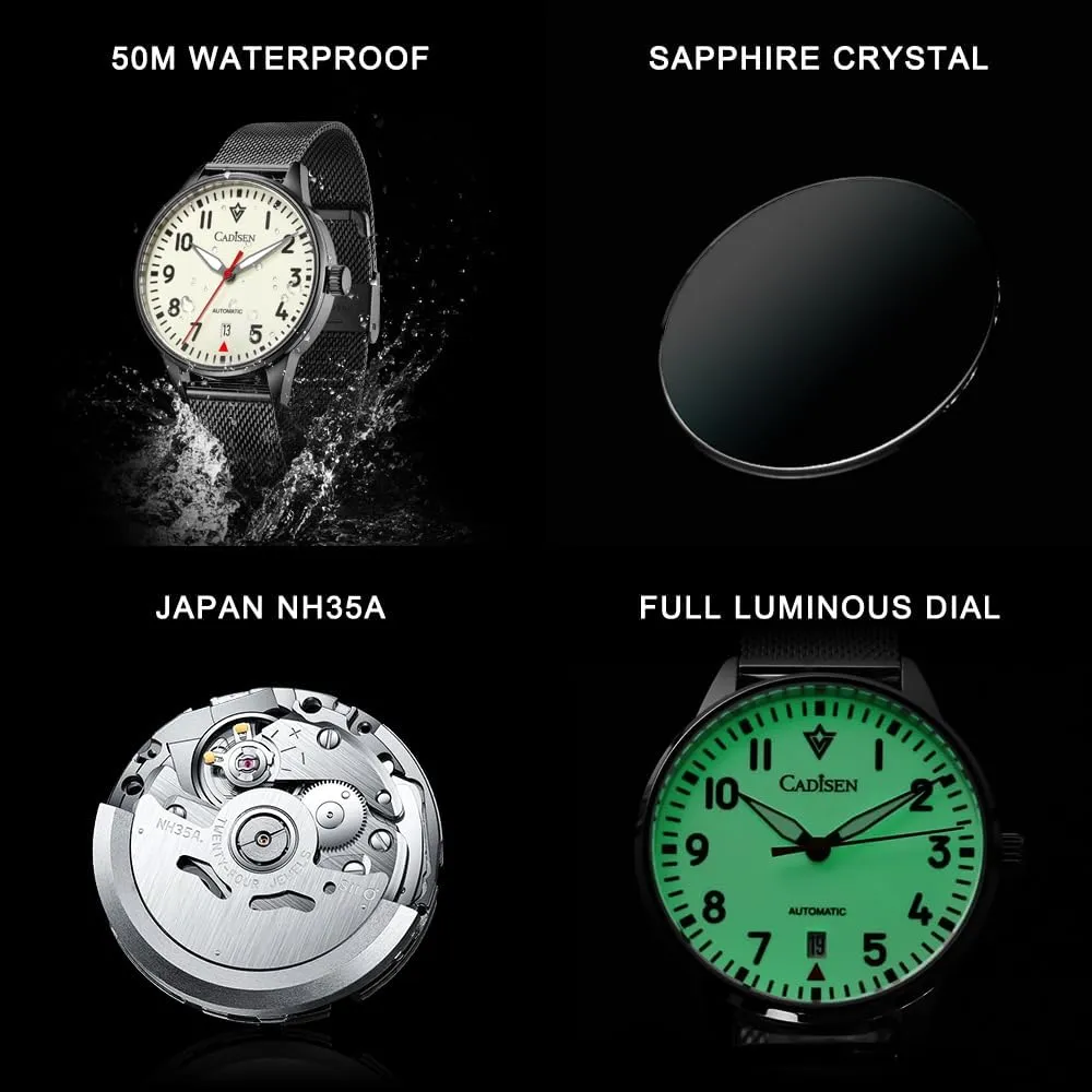 Watches for Men Waterproof Sapphire Noctilucent longitude panorama keen Noctilucent Leisure Wristwatch CADISEN Automatic Mechanical Watch 