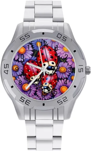 Watches for Women Ladybugs Daisy Flowers Men's talented residue rivet Business Watch Fashion Stainless Steel Wristwatches Custom Easy Read 