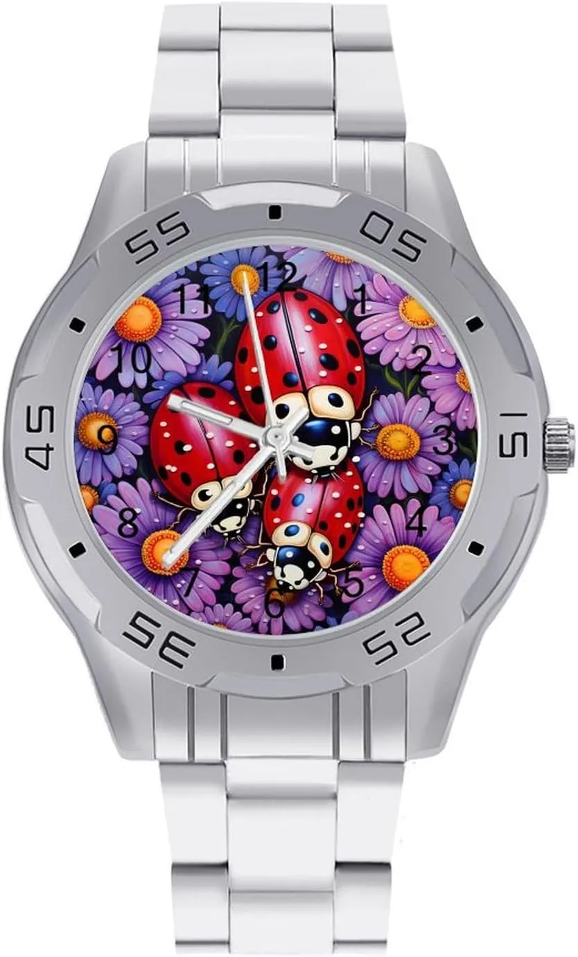 Watches for Women Ladybugs Daisy Flowers Men's talented residue rivet Business Watch Fashion Stainless Steel Wristwatches Custom Easy Read 