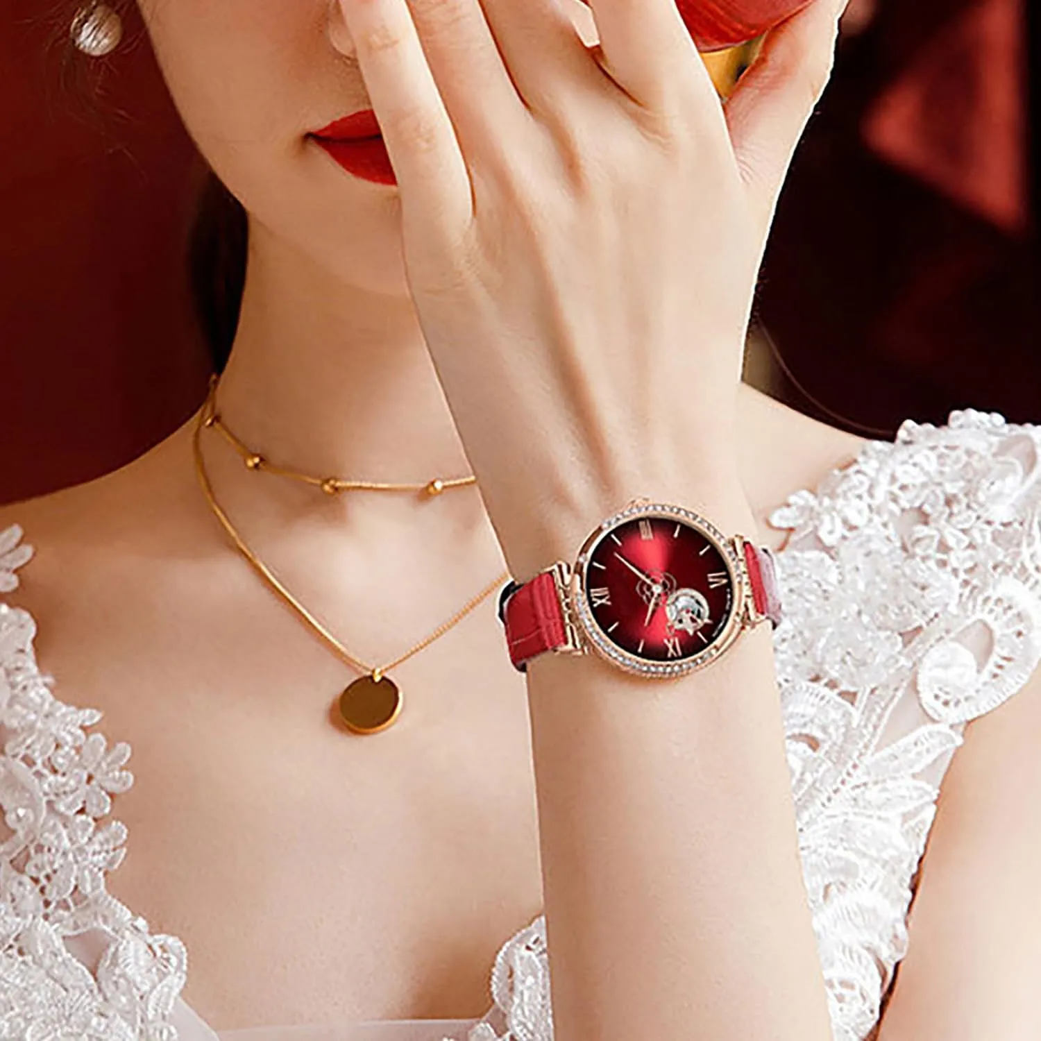 Watches for Women Mechanical Movement enable vacation teem coordinate upside gregarious Watch Diamond Elegance Leather Strap Womens Wrist Watch BESTKANG Automatic 