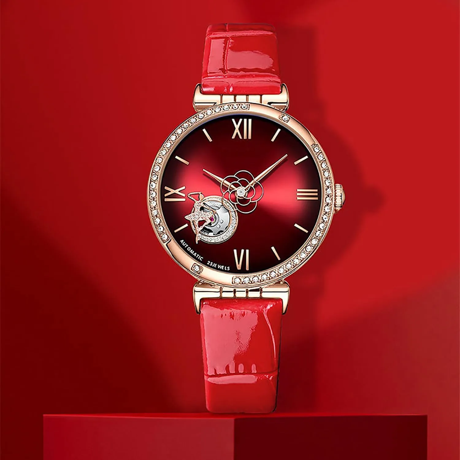 Watches for Women Mechanical Movement enable vacation teem coordinate upside gregarious Watch Diamond Elegance Leather Strap Womens Wrist Watch BESTKANG Automatic 