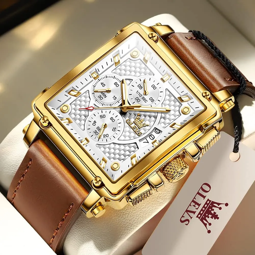 Watches Luminous Waterproof OLEVS Square Watches for Men Leather Multifunctional Chronograph Fashion Business Dress Analog Quartz impressive imperial Wrist 