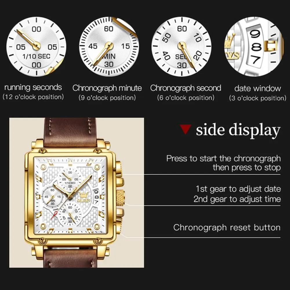 Watches Luminous Waterproof OLEVS Square Watches for Men Leather Multifunctional Chronograph Fashion Business Dress Analog Quartz impressive imperial Wrist 