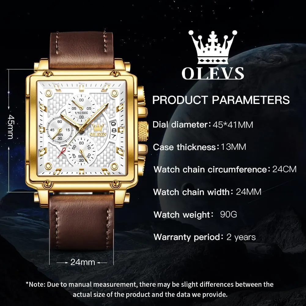 Watches Luminous Waterproof OLEVS Square Watches for Men Leather Multifunctional Chronograph Fashion Business Dress Analog Quartz impressive imperial Wrist 