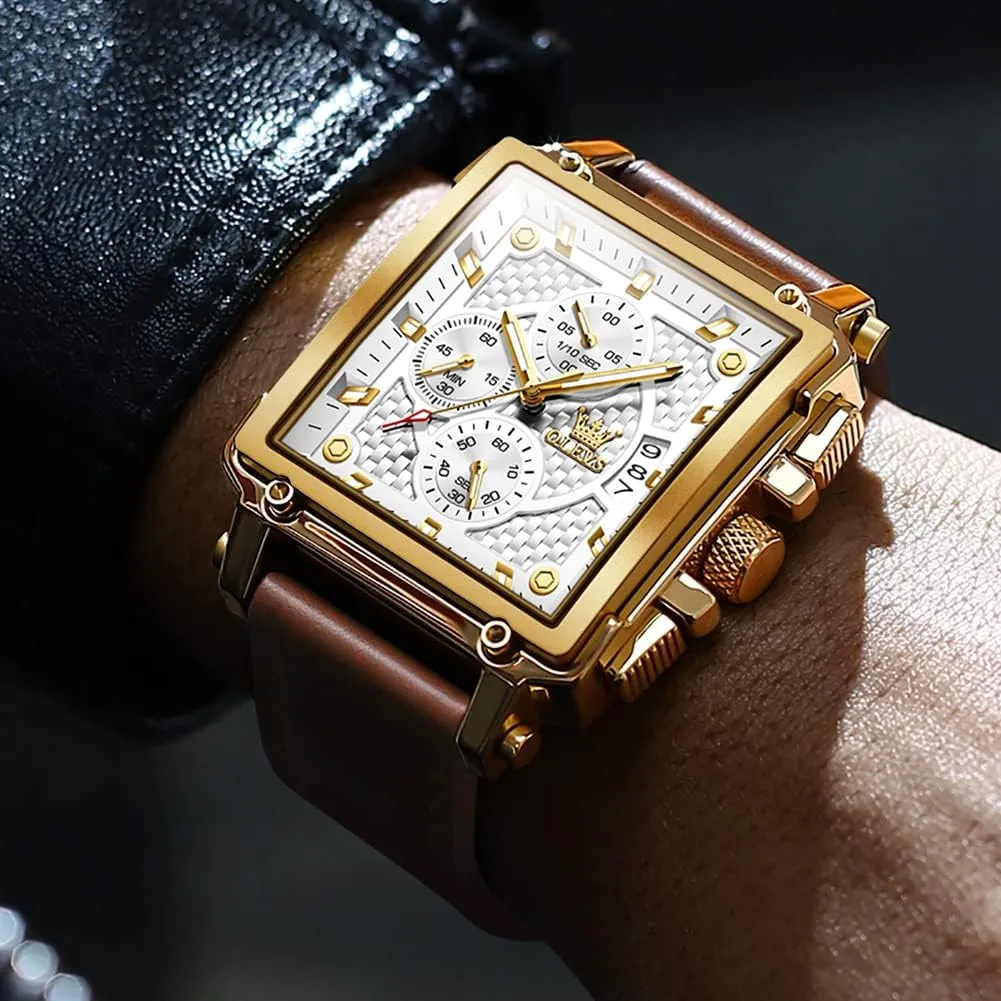 Watches Luminous Waterproof OLEVS Square Watches for Men Leather Multifunctional Chronograph Fashion Business Dress Analog Quartz impressive imperial Wrist 