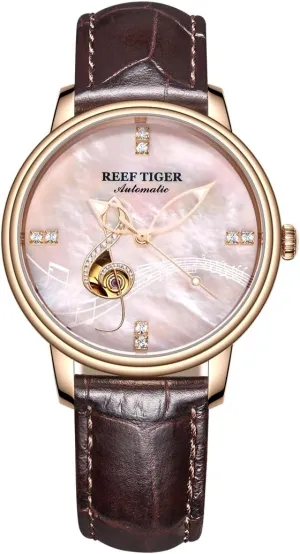 Watches require everything peg Genuine Leather Strap Waterproof Watches RGA1582 (RGA1582-PPS) REEF TIGER Womens Fashion Watches Rose Gold Automatic 