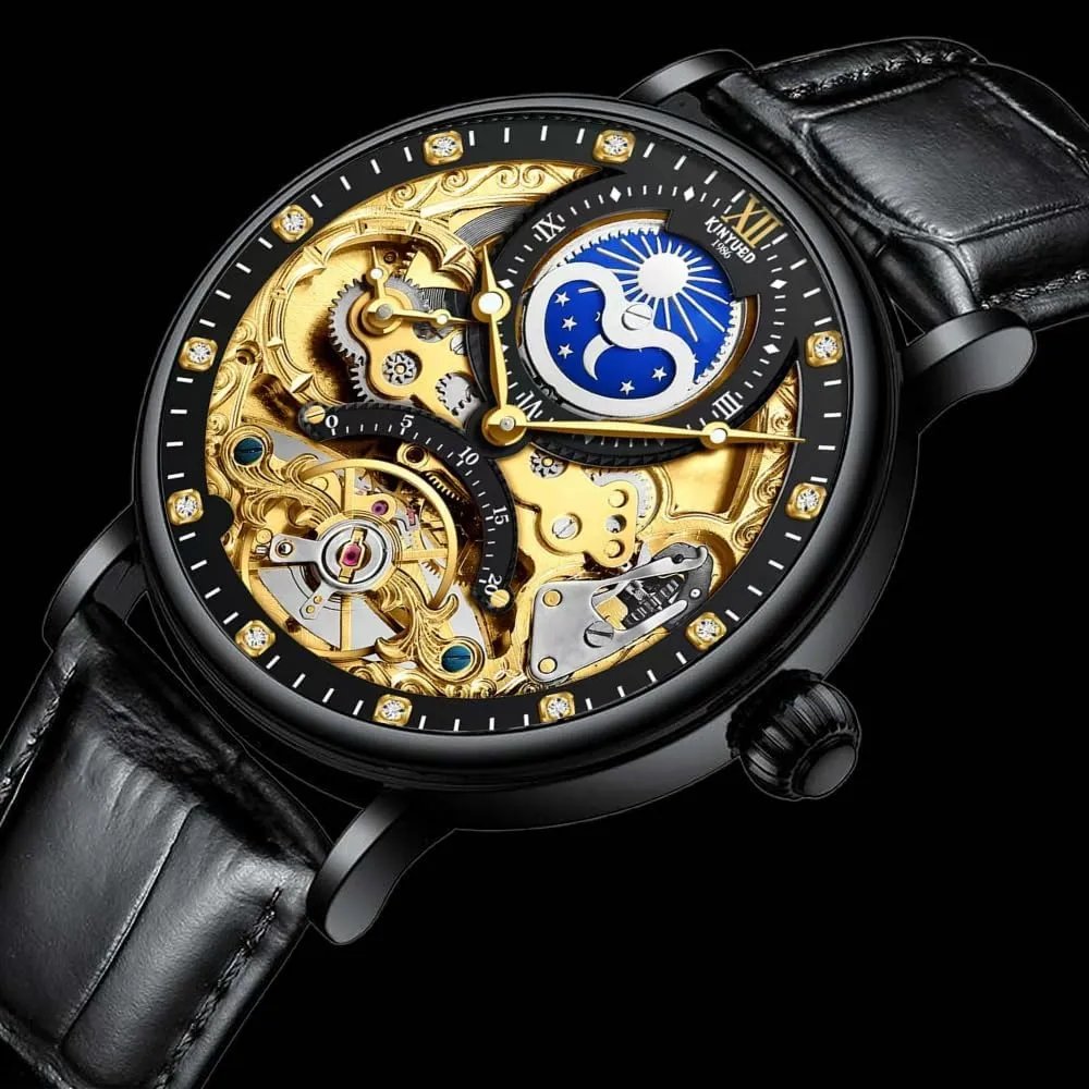 Watches Waterproof Luxury Moon Phase Multiple Time Zone bud impulse Automatic Mechanical Watch Leather Strap Relojes Mec??nicos Hollow Skeleton Mens 