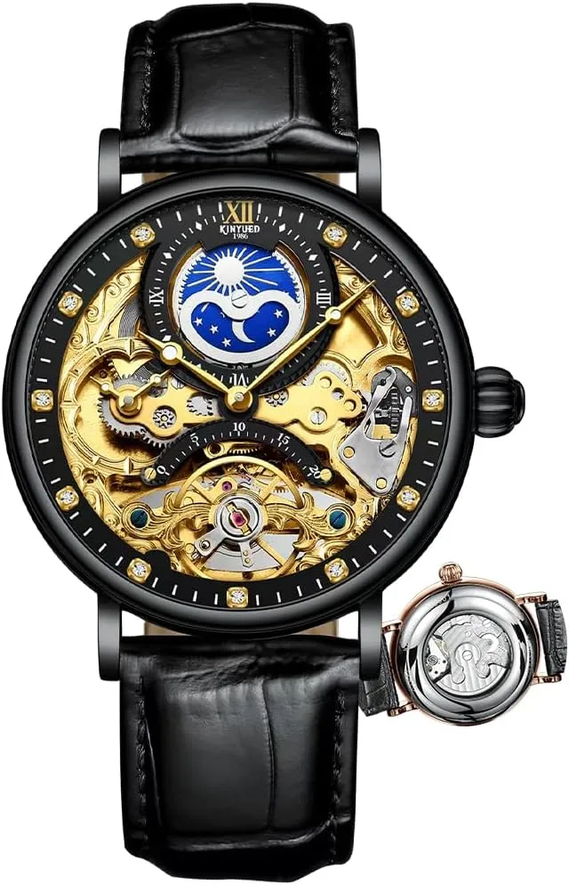Watches Waterproof Luxury Moon Phase Multiple Time Zone bud impulse Automatic Mechanical Watch Leather Strap Relojes Mec??nicos Hollow Skeleton Mens 