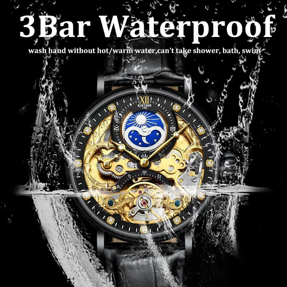 Watches Waterproof Luxury Moon Phase Multiple Time Zone bud impulse Automatic Mechanical Watch Leather Strap Relojes Mec??nicos Hollow Skeleton Mens 