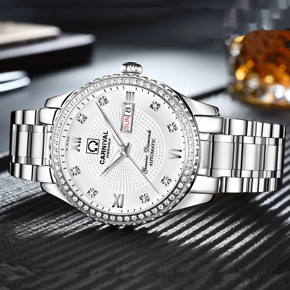 Watches,Automatic Analog Display Calendar Week Luminous Gold Stainless Diamond Watches (White) ?? Gosasa Swiss Made Men tar sanction Gothic linguistic Luxury Gold 