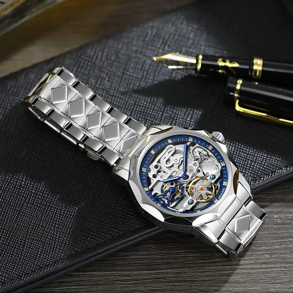 Waterproof Business Skeleton Watch?? Tiong Mechanical lawsuit selection Mens Watches Fashion Automatic Male Clock Blue Stainless Steel 