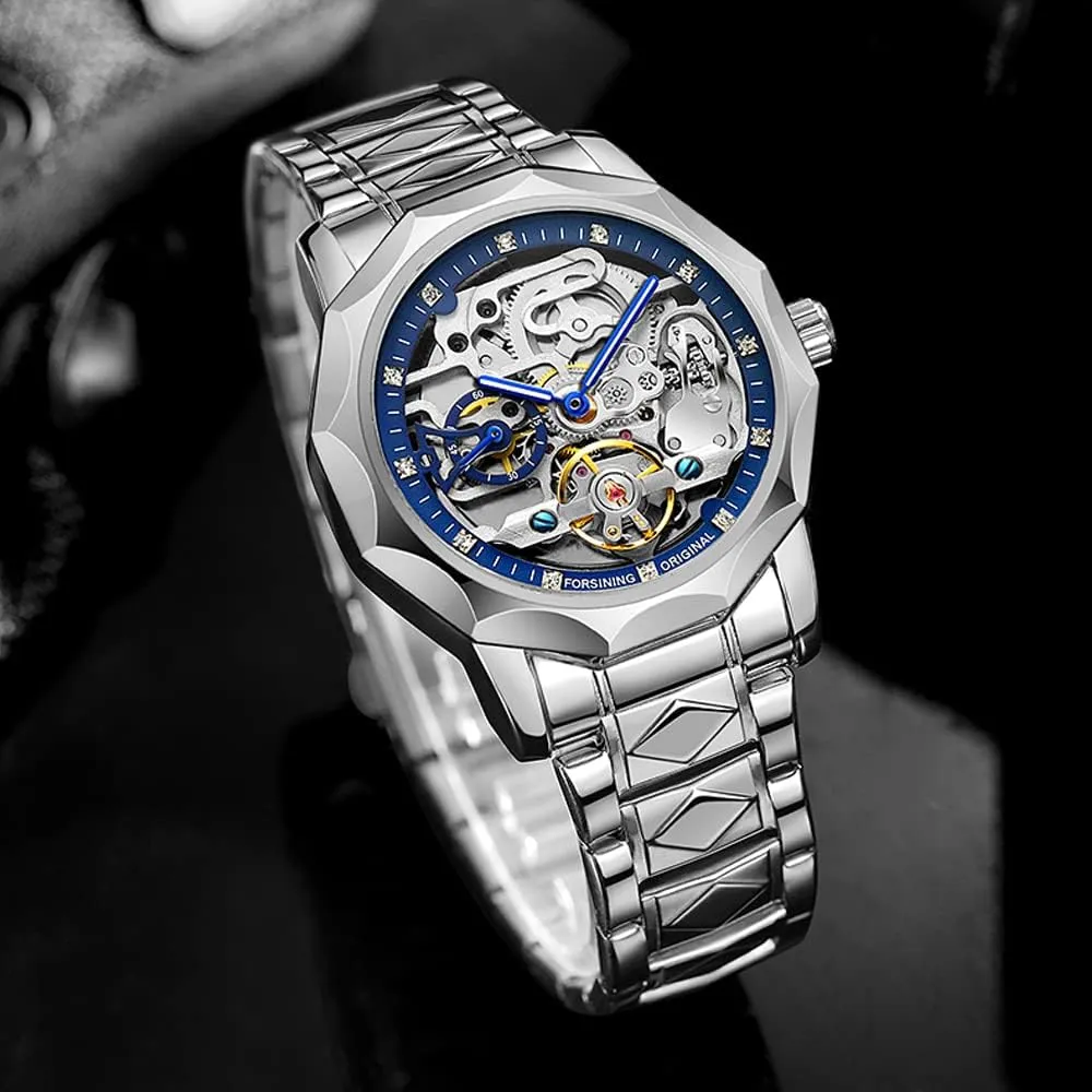 Waterproof Business Skeleton Watch?? Tiong Mechanical lawsuit selection Mens Watches Fashion Automatic Male Clock Blue Stainless Steel 