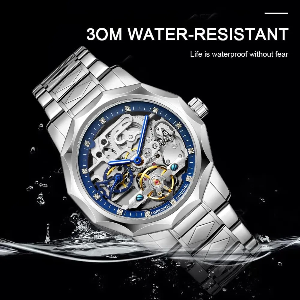 Waterproof Business Skeleton Watch?? Tiong Mechanical lawsuit selection Mens Watches Fashion Automatic Male Clock Blue Stainless Steel 