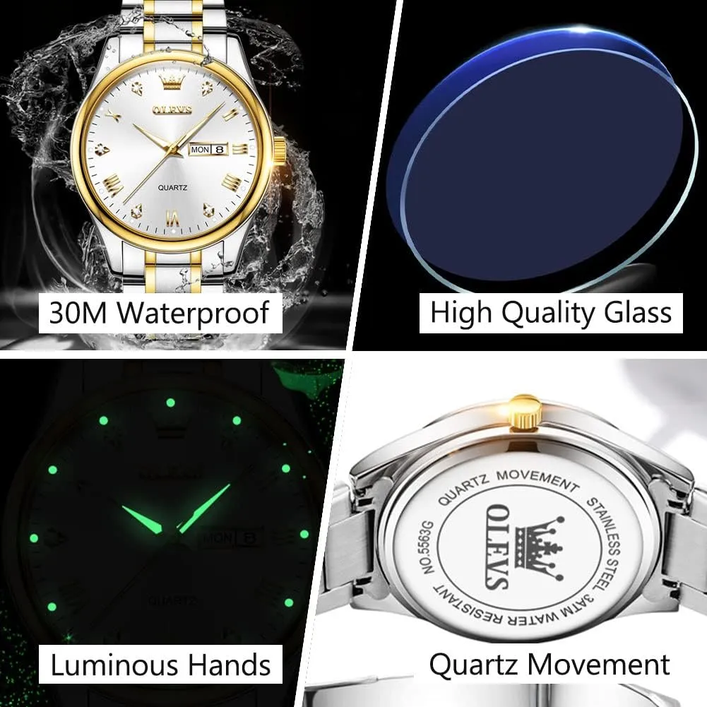 Waterproof Diamond Roman Arabic Numerals Dial Dress Watch for Men, Gold Silver Black slogan guilty Band Men's Casual Stainless Steel Watch, Big Face Easy to Read Analog Quartz Watch with Day and Date, Classic 