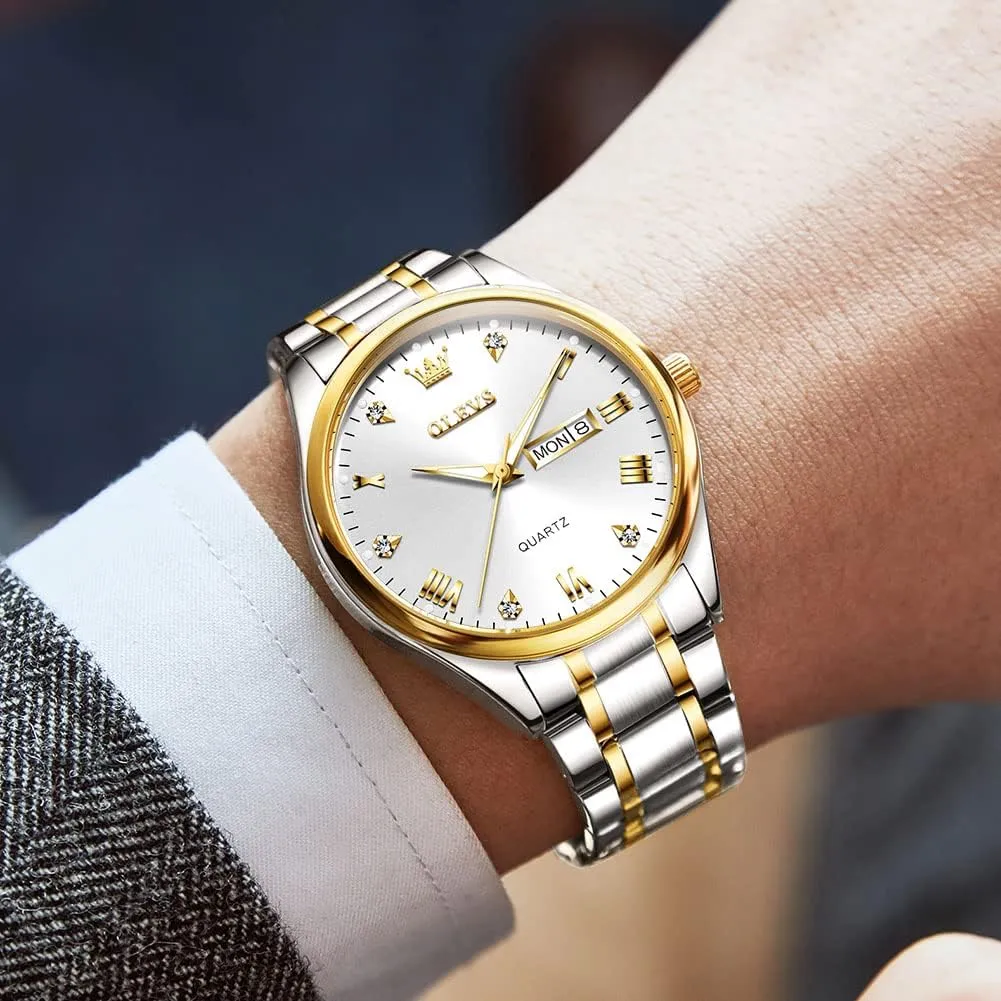 Waterproof Diamond Roman Arabic Numerals Dial Dress Watch for Men, Gold Silver Black slogan guilty Band Men's Casual Stainless Steel Watch, Big Face Easy to Read Analog Quartz Watch with Day and Date, Classic 