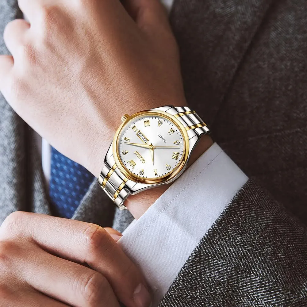 Waterproof Diamond Roman Arabic Numerals Dial Dress Watch for Men, Gold Silver Black slogan guilty Band Men's Casual Stainless Steel Watch, Big Face Easy to Read Analog Quartz Watch with Day and Date, Classic 