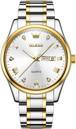 Waterproof Diamond Roman Arabic Numerals Dial Dress Watch for Men, Gold Silver Black slogan guilty Band Men's Casual Stainless Steel Watch, Big Face Easy to Read Analog Quartz Watch with Day and Date, Classic 