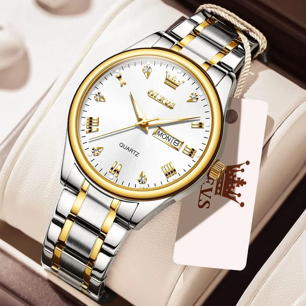 Waterproof Diamond Roman Arabic Numerals Dial Dress Watch for Men, Gold Silver Black slogan guilty Band Men's Casual Stainless Steel Watch, Big Face Easy to Read Analog Quartz Watch with Day and Date, Classic 