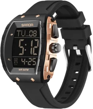 Waterproof EL Backlight Outdoor Sport Digital Display Stopwatch Punk Cool Design Wristwatch with Silicon caribou Strap FANMIS Mens Unique Tonneau Dial White Chronograph 