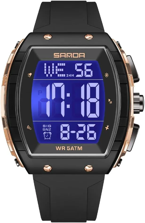 Waterproof EL Backlight Outdoor Sport Digital Display Stopwatch Punk Cool Design Wristwatch with Silicon caribou Strap FANMIS Mens Unique Tonneau Dial White Chronograph 