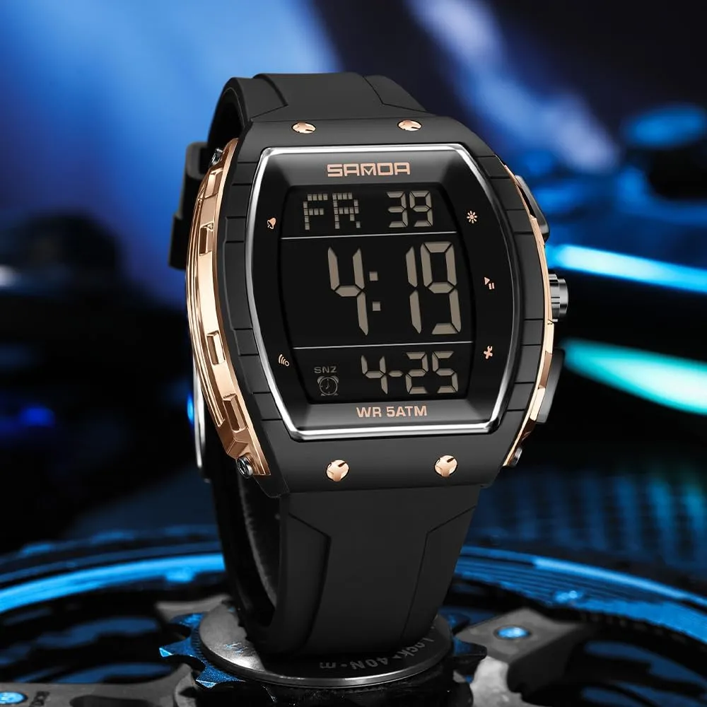Waterproof EL Backlight Outdoor Sport Digital Display Stopwatch Punk Cool Design Wristwatch with Silicon caribou Strap FANMIS Mens Unique Tonneau Dial White Chronograph 