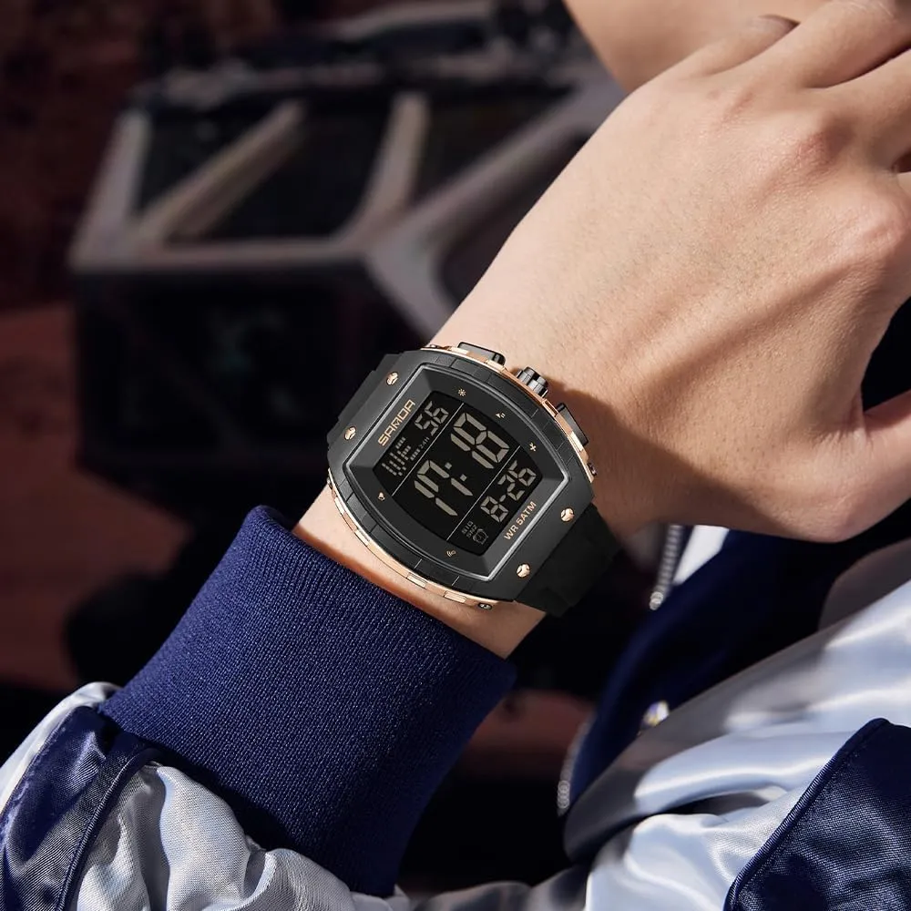 Waterproof EL Backlight Outdoor Sport Digital Display Stopwatch Punk Cool Design Wristwatch with Silicon caribou Strap FANMIS Mens Unique Tonneau Dial White Chronograph 