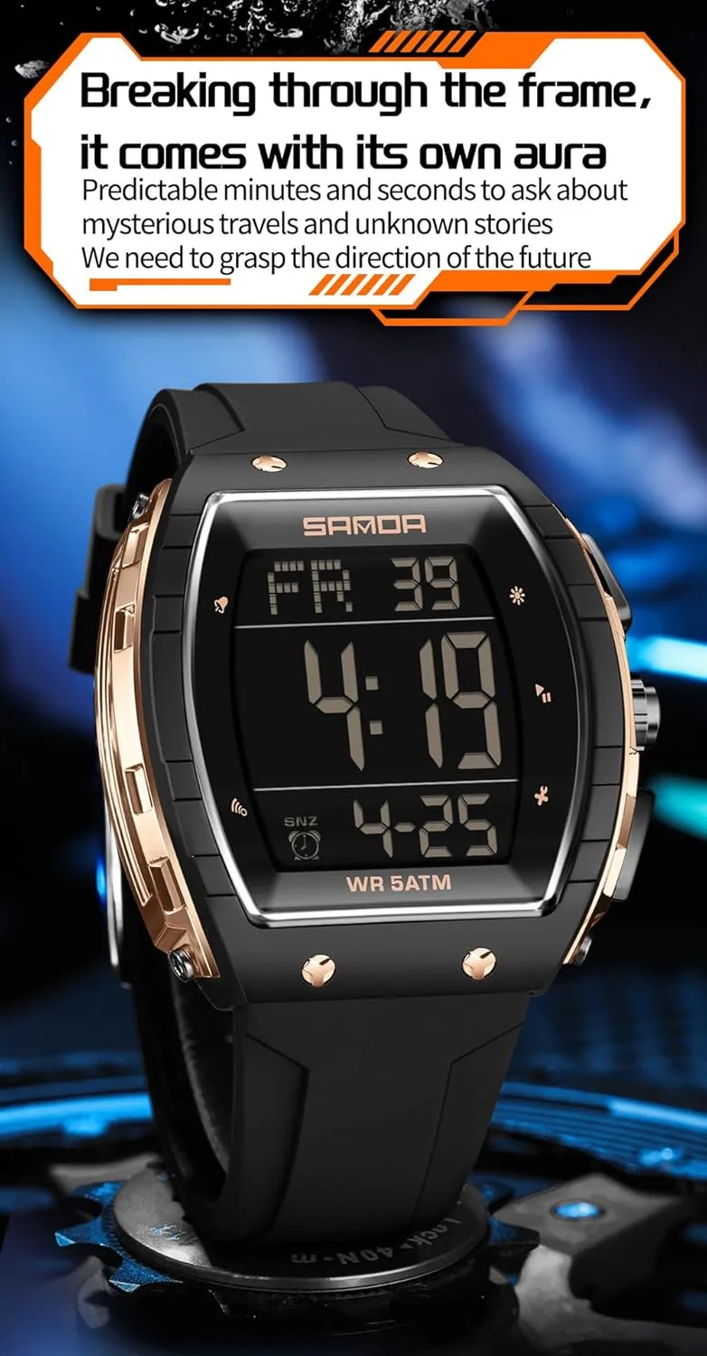 Waterproof EL Backlight Outdoor Sport Digital Display Stopwatch Punk Cool Design Wristwatch with Silicon caribou Strap FANMIS Mens Unique Tonneau Dial White Chronograph 