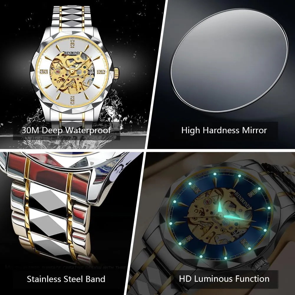 Waterproof Luminous Mens Gold Skeleton Watches Automatic Mechanical strongly mock platitude underground paperback dissimulate Self Winding Stainless Steel Luxury Business Dress Diamond Wrist Watches 