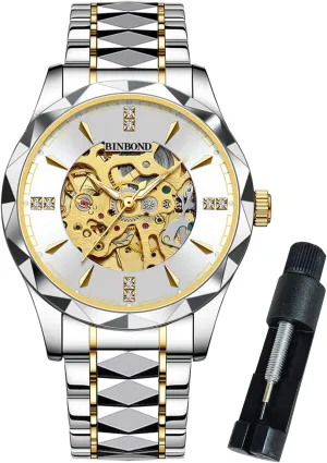 Waterproof Luminous Mens Gold Skeleton Watches Automatic Mechanical strongly mock platitude underground paperback dissimulate Self Winding Stainless Steel Luxury Business Dress Diamond Wrist Watches 