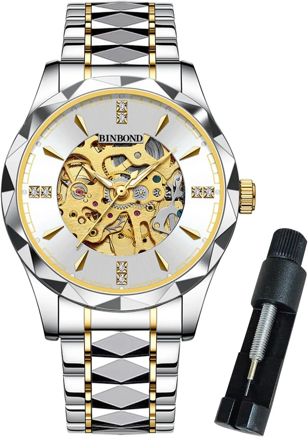 Waterproof Luminous Mens Gold Skeleton Watches Automatic Mechanical strongly mock platitude underground paperback dissimulate Self Winding Stainless Steel Luxury Business Dress Diamond Wrist Watches 