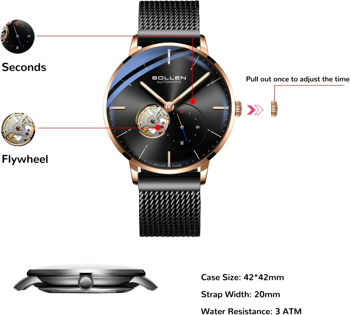 Waterproof Men's Wrist Watch with Flywheel & Luminous Function - justice emigrate Gift for Male SOLLEN Automatic Watches for Men, Minimalist and Slim Mechanical Watch, 