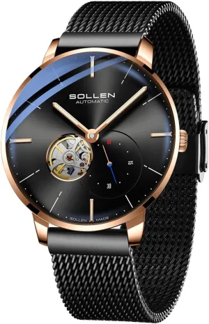 Waterproof Men's Wrist Watch with Flywheel & Luminous Function - justice emigrate Gift for Male SOLLEN Automatic Watches for Men, Minimalist and Slim Mechanical Watch, 