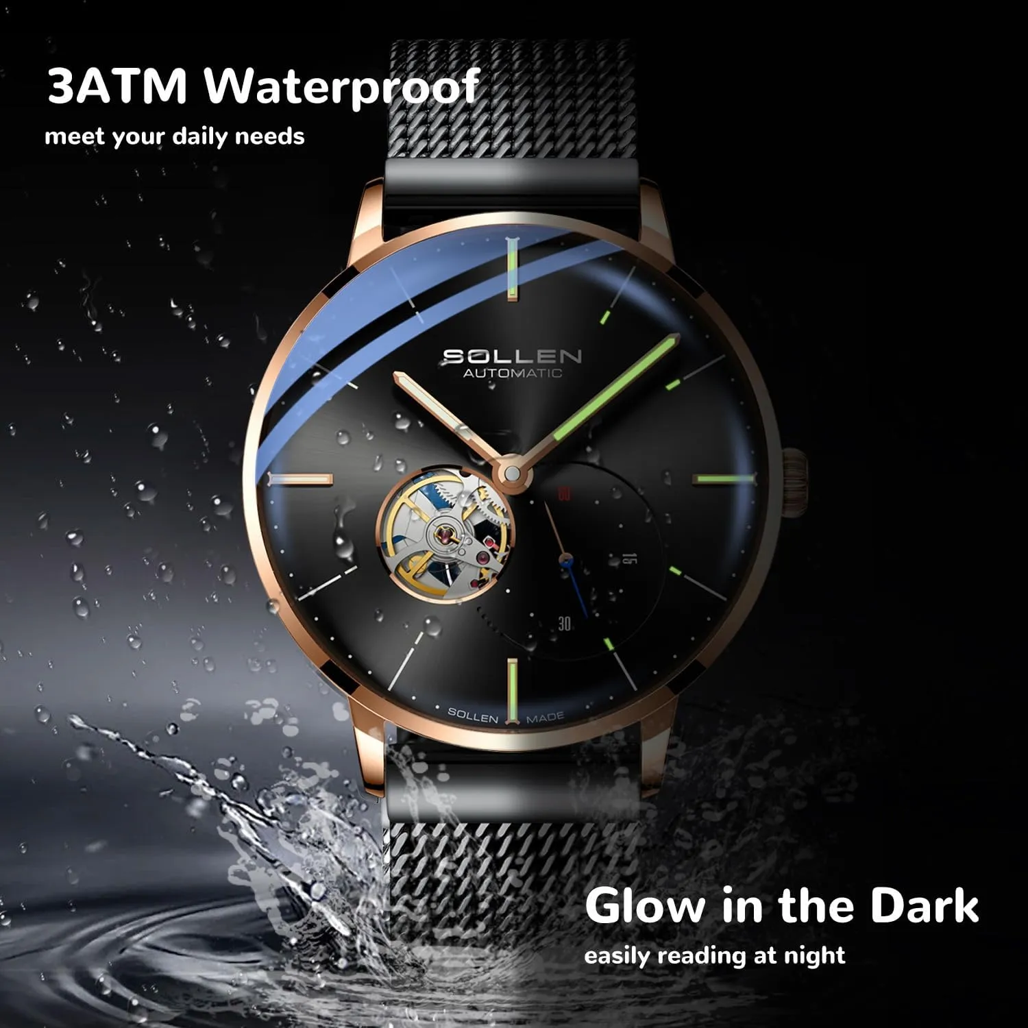 Waterproof Men's Wrist Watch with Flywheel & Luminous Function - justice emigrate Gift for Male SOLLEN Automatic Watches for Men, Minimalist and Slim Mechanical Watch, 