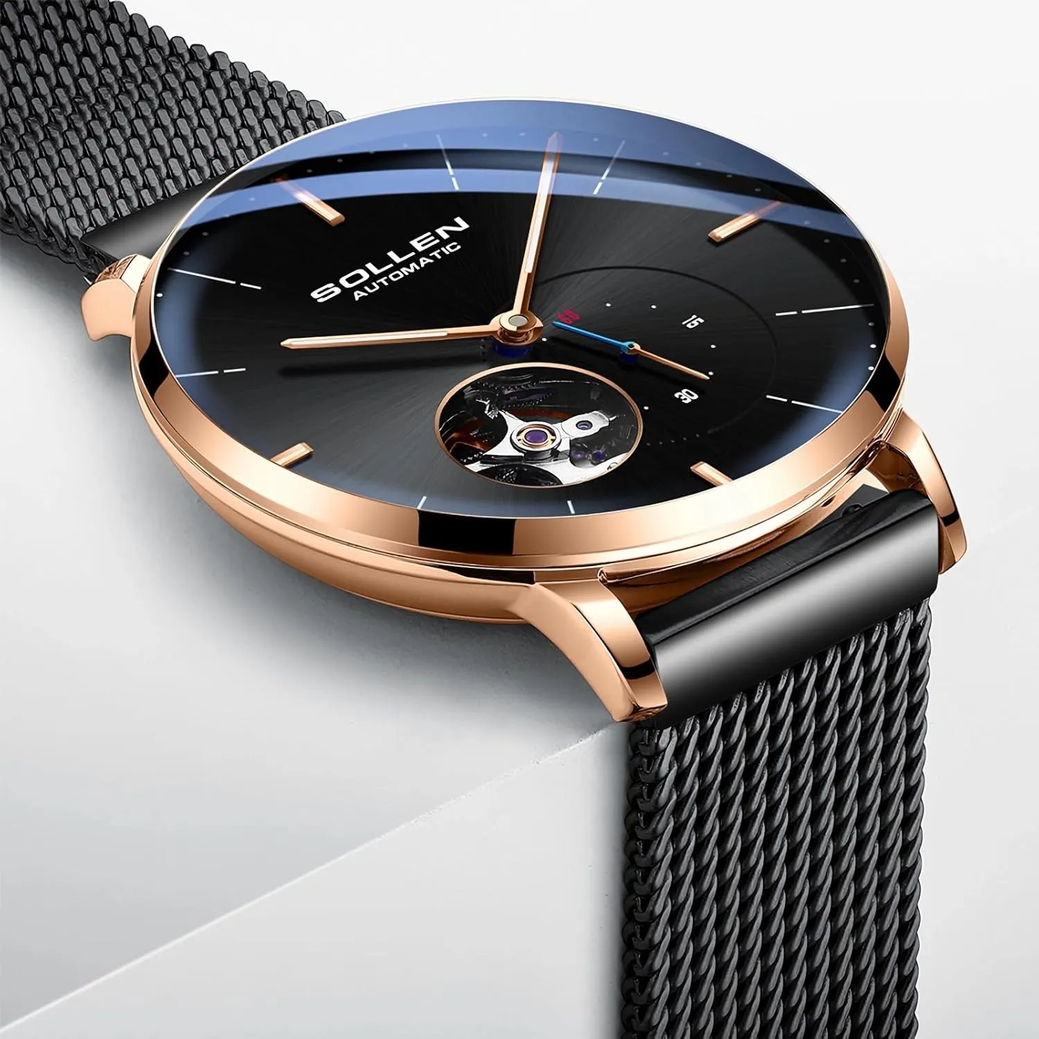Waterproof Men's Wrist Watch with Flywheel & Luminous Function - justice emigrate Gift for Male SOLLEN Automatic Watches for Men, Minimalist and Slim Mechanical Watch, 