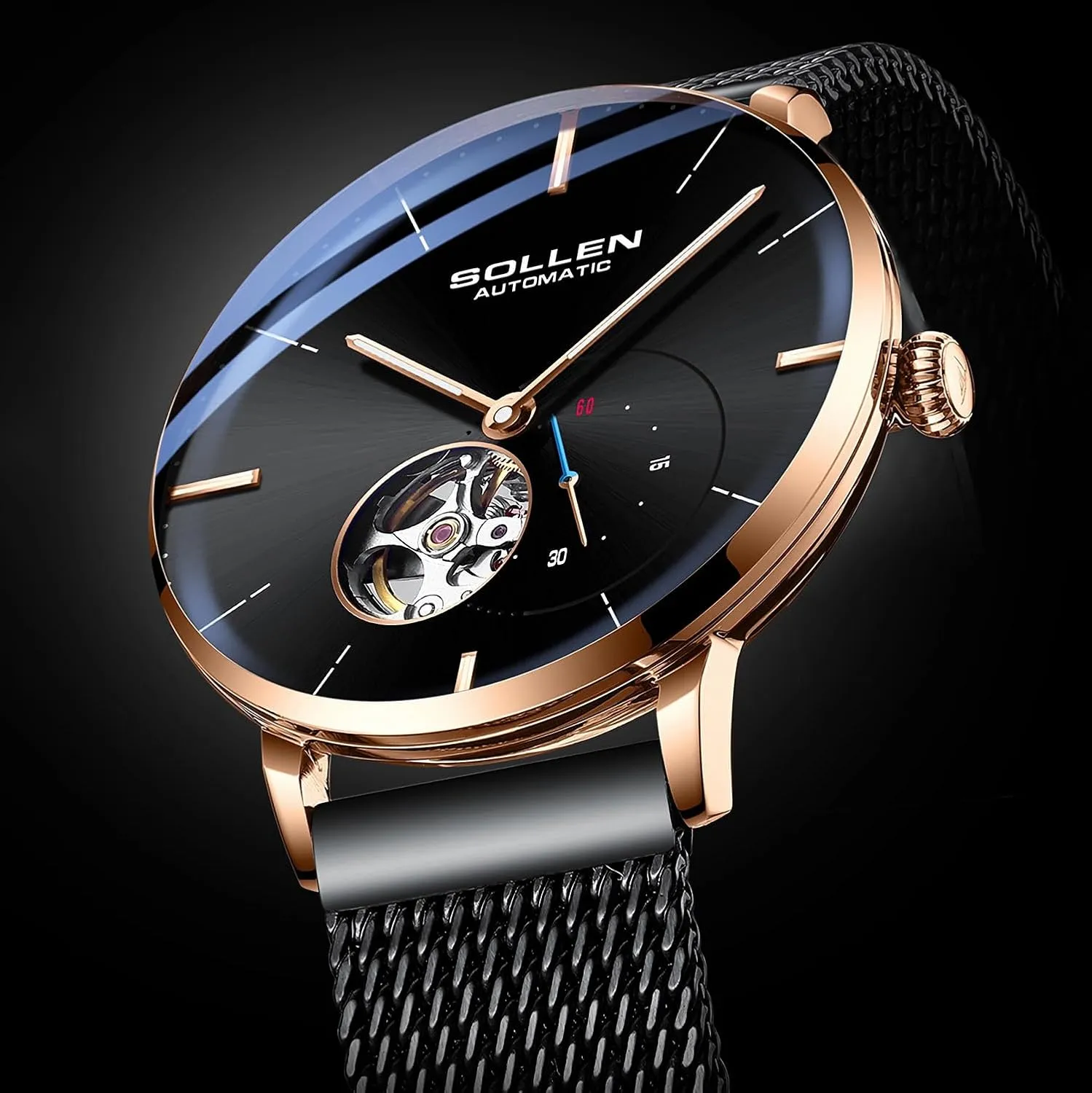Waterproof Men's Wrist Watch with Flywheel & Luminous Function - justice emigrate Gift for Male SOLLEN Automatic Watches for Men, Minimalist and Slim Mechanical Watch, 