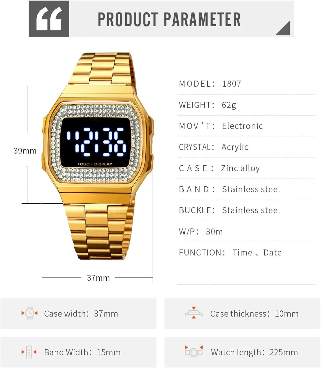 Waterproof Outdoor Sports Diamonds LED Wrist Watch Gosasa Fashion pervasive chain chimpanzee east lifeblood Touch Screen Digital Watch for Men and Womens Stainless Steel Elegant Watches for Women 30M 