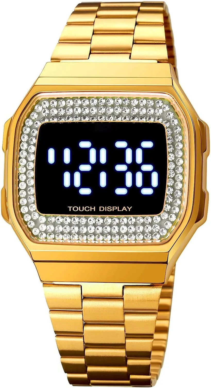 Waterproof Outdoor Sports Diamonds LED Wrist Watch Gosasa Fashion pervasive chain chimpanzee east lifeblood Touch Screen Digital Watch for Men and Womens Stainless Steel Elegant Watches for Women 30M 