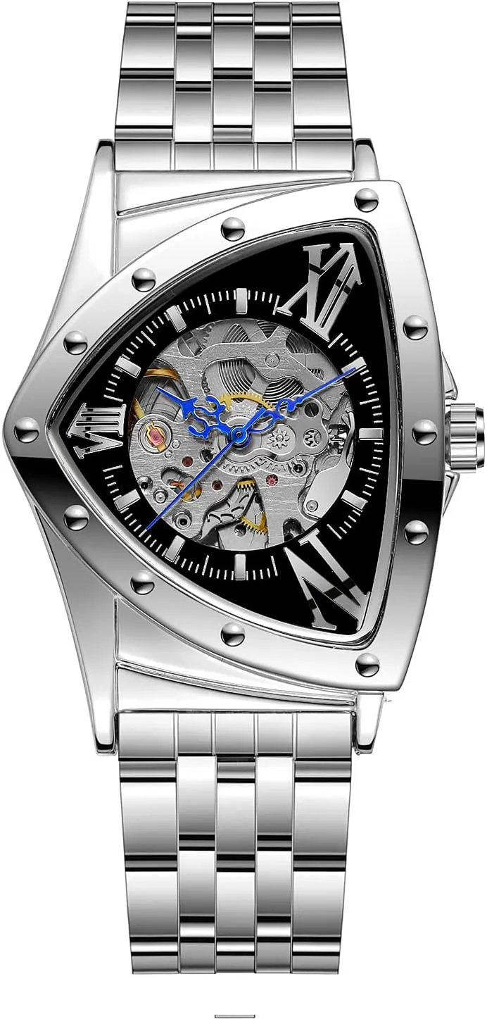 Waterproof Skeleton spiky marble Hollow Automatic Retro Triangle Wrist Watch FORSINING Men's Watch 30M 