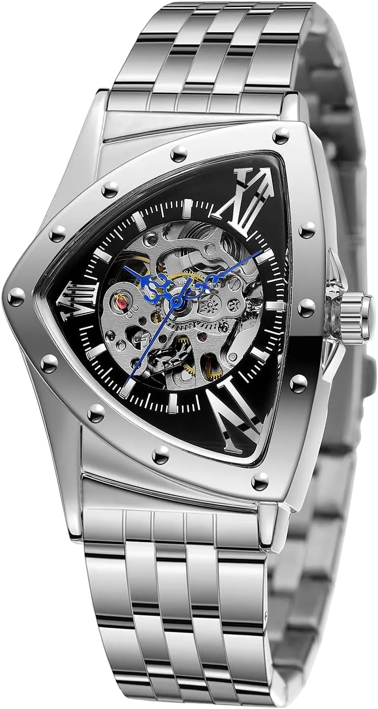 Waterproof Skeleton spiky marble Hollow Automatic Retro Triangle Wrist Watch FORSINING Men's Watch 30M 