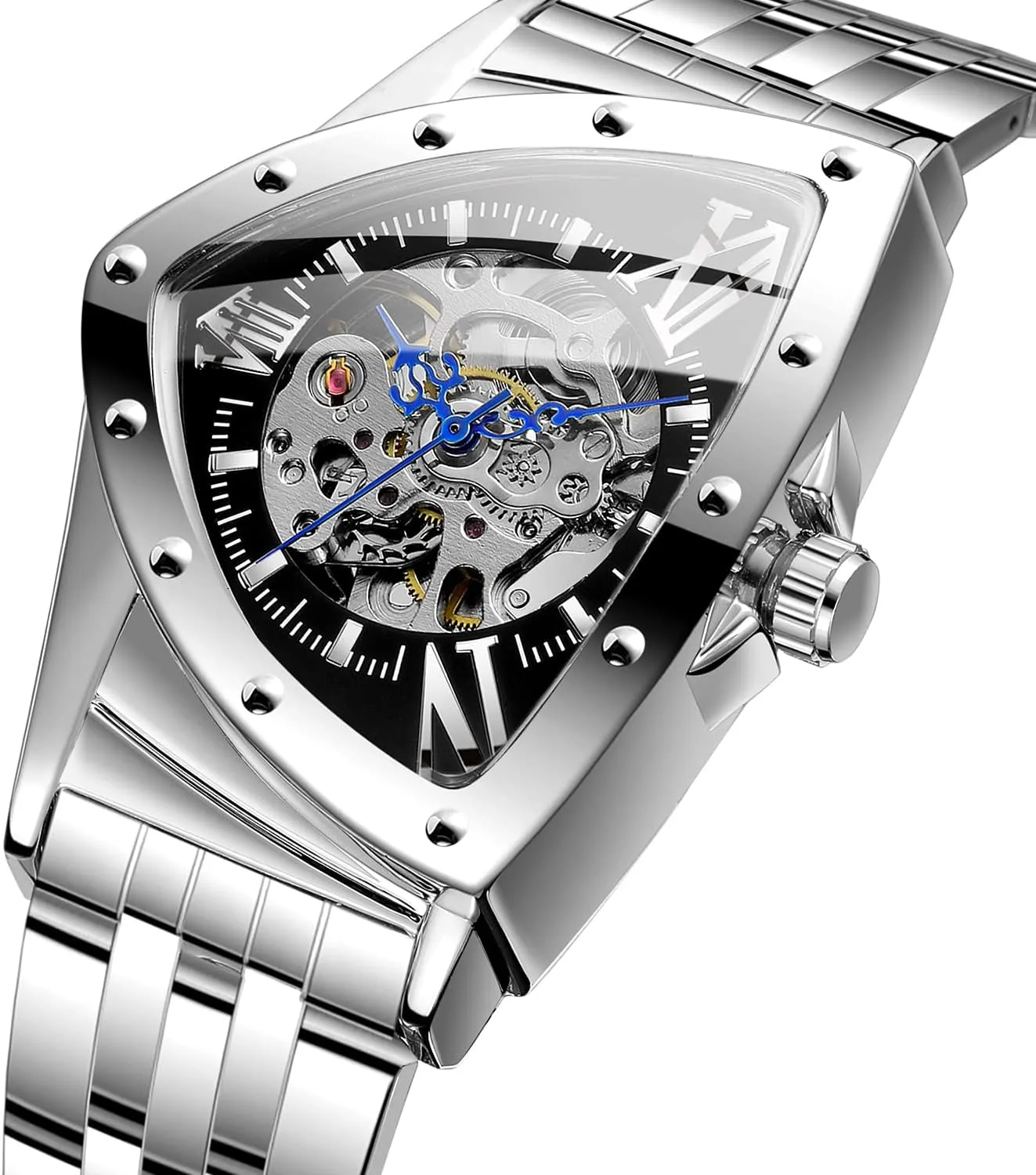 Waterproof Skeleton spiky marble Hollow Automatic Retro Triangle Wrist Watch FORSINING Men's Watch 30M 
