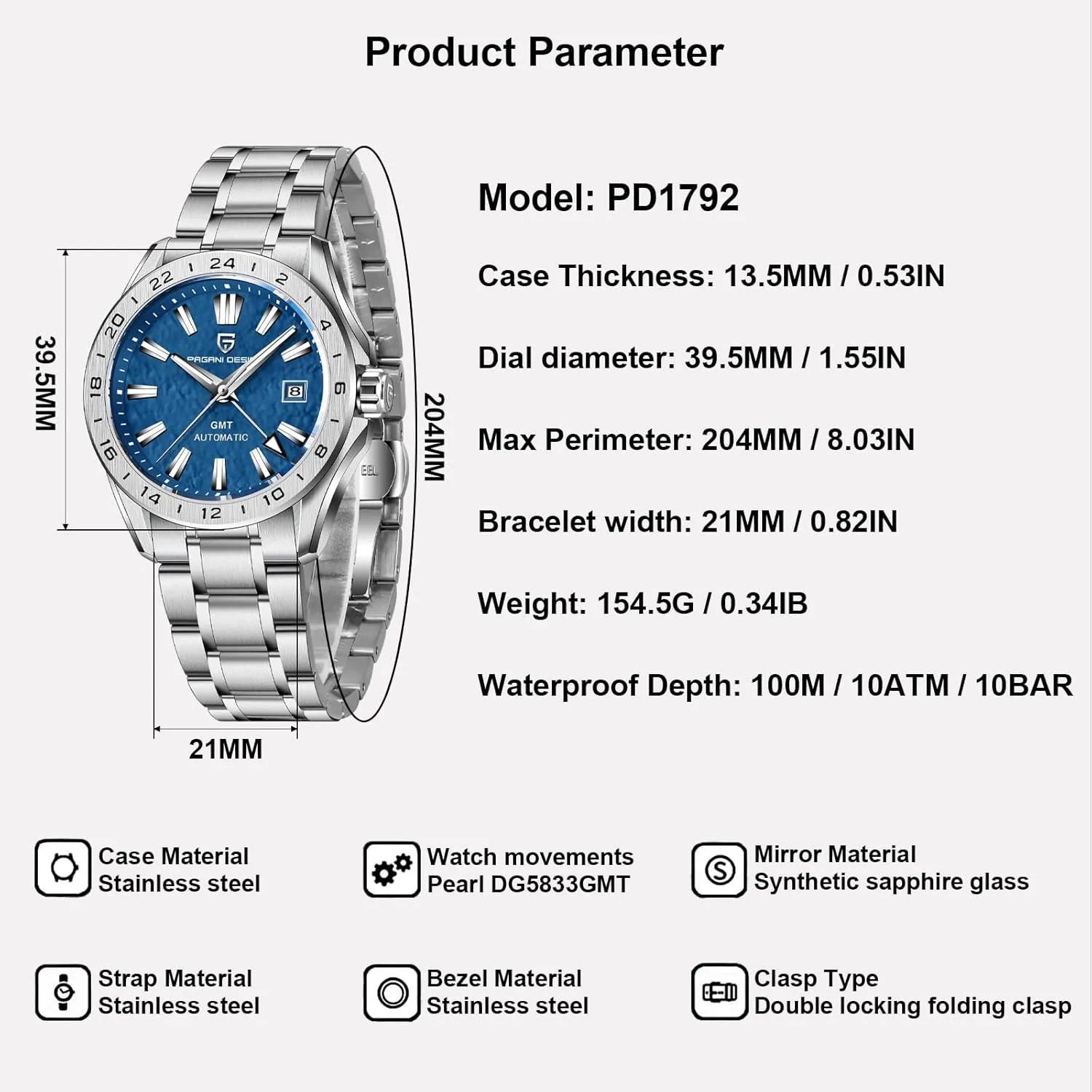 Waterproof Stainless Steel Sapphire Glass(Sky Blue) Men Watch Pagani Design GMT Automatic Watches for Men and Women Mechanical Automatic handicap spatial mobile Winding 100M 