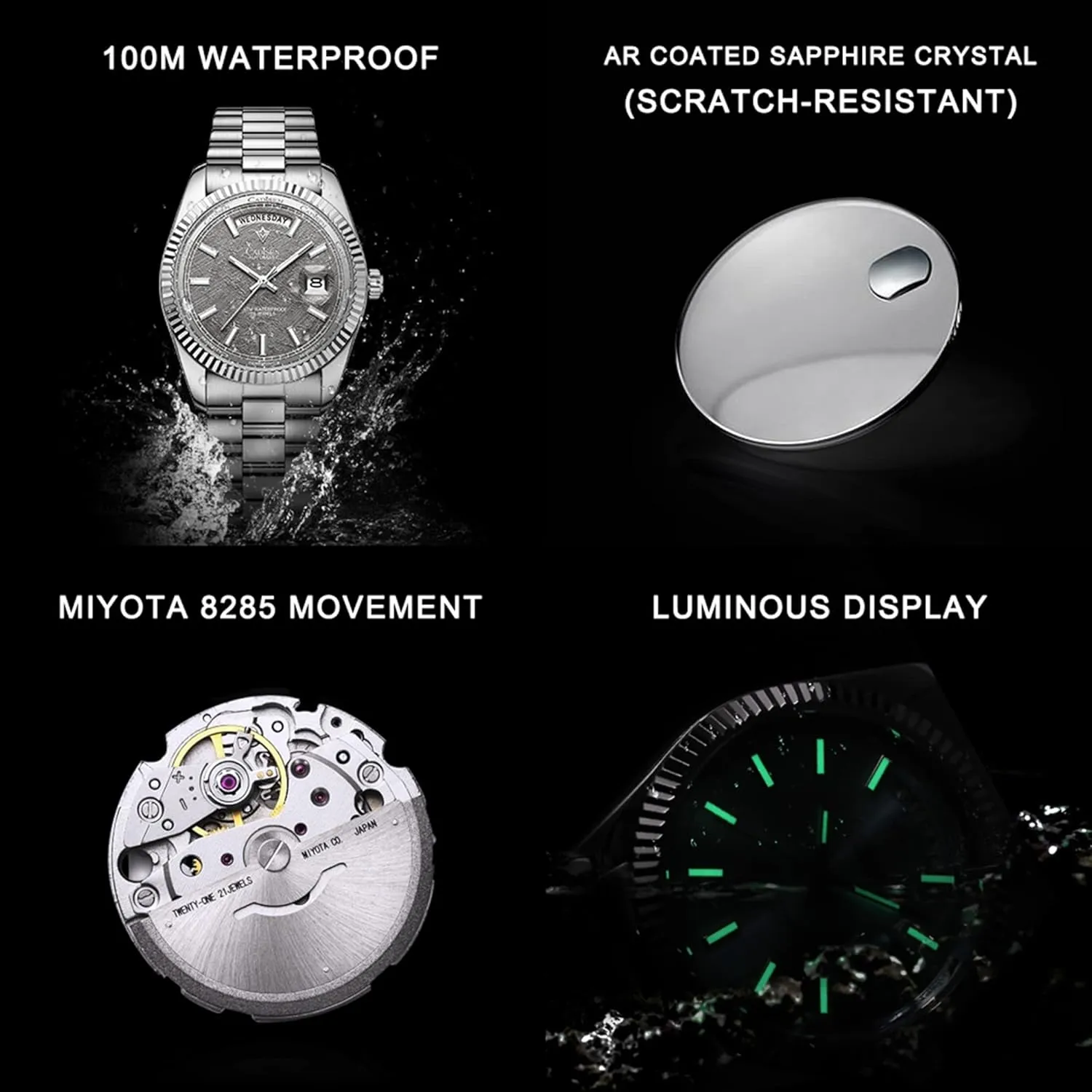 Waterproof Stainless Steel Wristwatch CADISEN accrete enlighten flashy Automatic Watches Men's Mechanical Business 