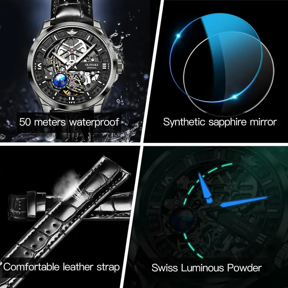 Waterproof Tungsten Steel Luminous Watch OUPINKE Men Watch pastoralist bacon Automatic Mechanical Hollow Dragon Watch Luxury Formal Gold Diamond 50M 