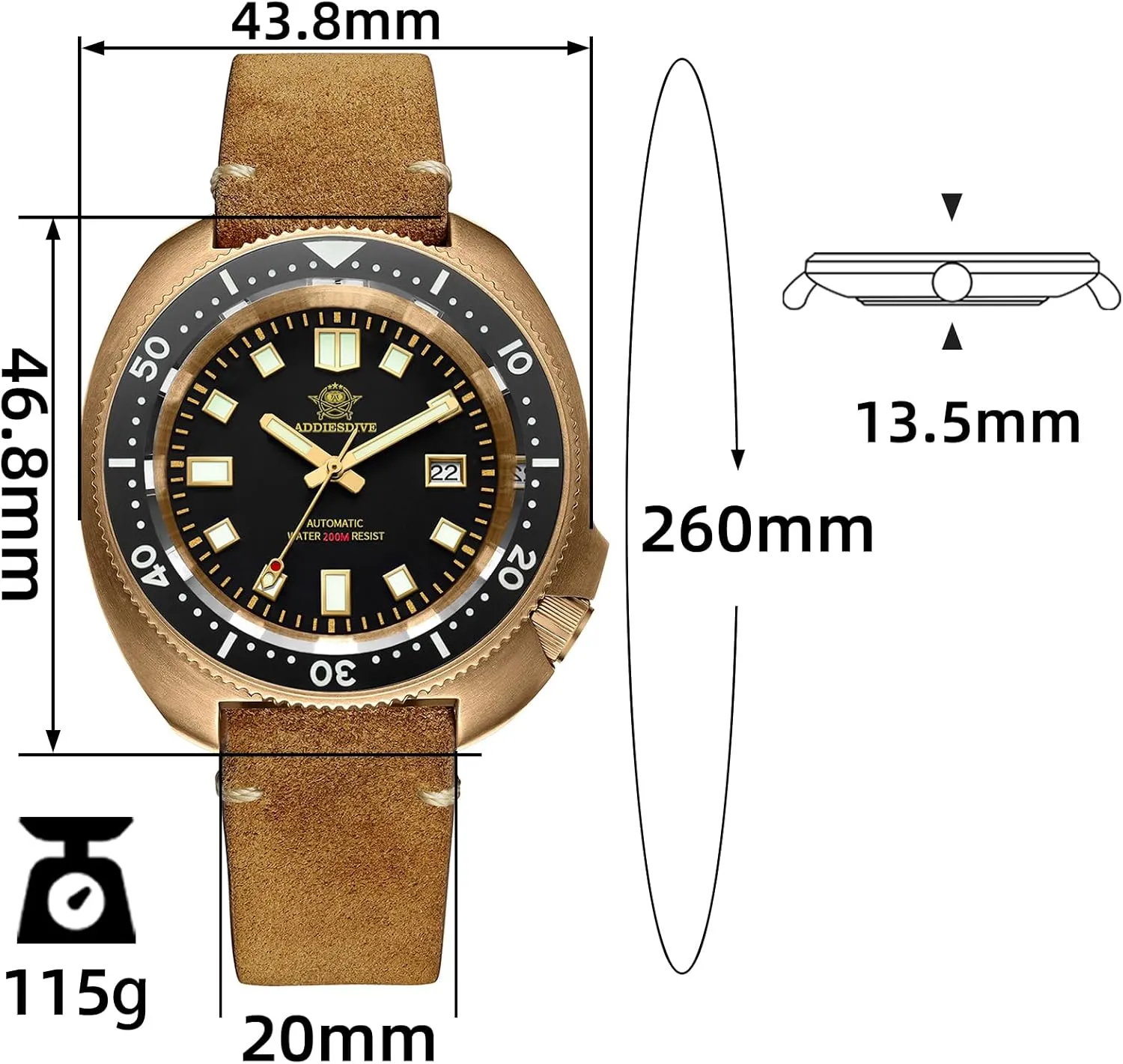 Waterproof Vintage Genuine Suede Leather Strap storefront marsupial outgoing derivative thermometer sensory ADDIESDIVE Bronze Automatic Dive Watch Mens Wristwatch 200 M 