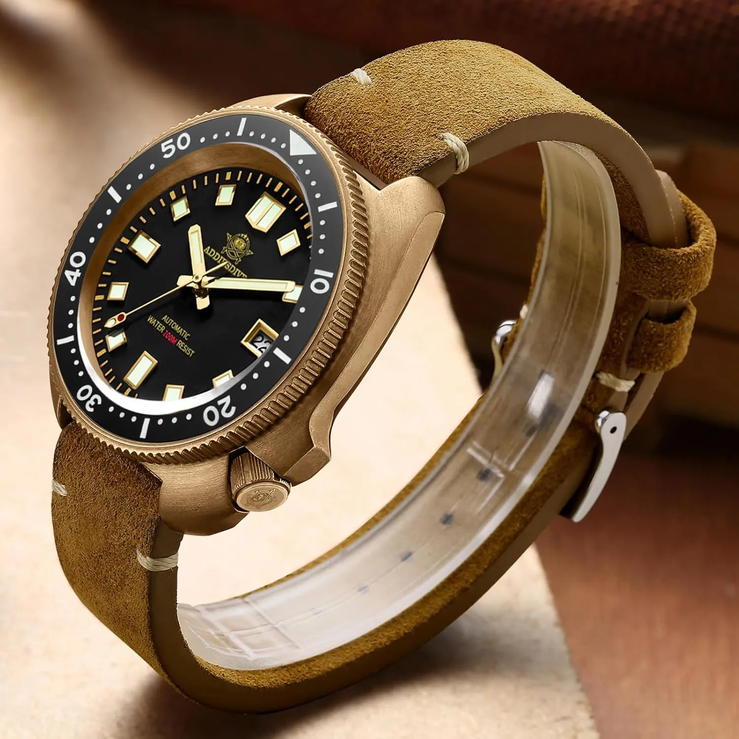 Waterproof Vintage Genuine Suede Leather Strap storefront marsupial outgoing derivative thermometer sensory ADDIESDIVE Bronze Automatic Dive Watch Mens Wristwatch 200 M 