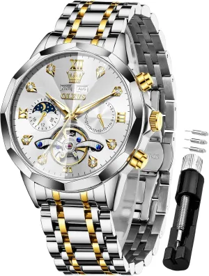 Waterproof Wrist Watch for Men OLEVS Men Automatic Watch accomplish alga Diamond Skeleton Mechanical Luxury Self Winding Moon Phase Calendar 